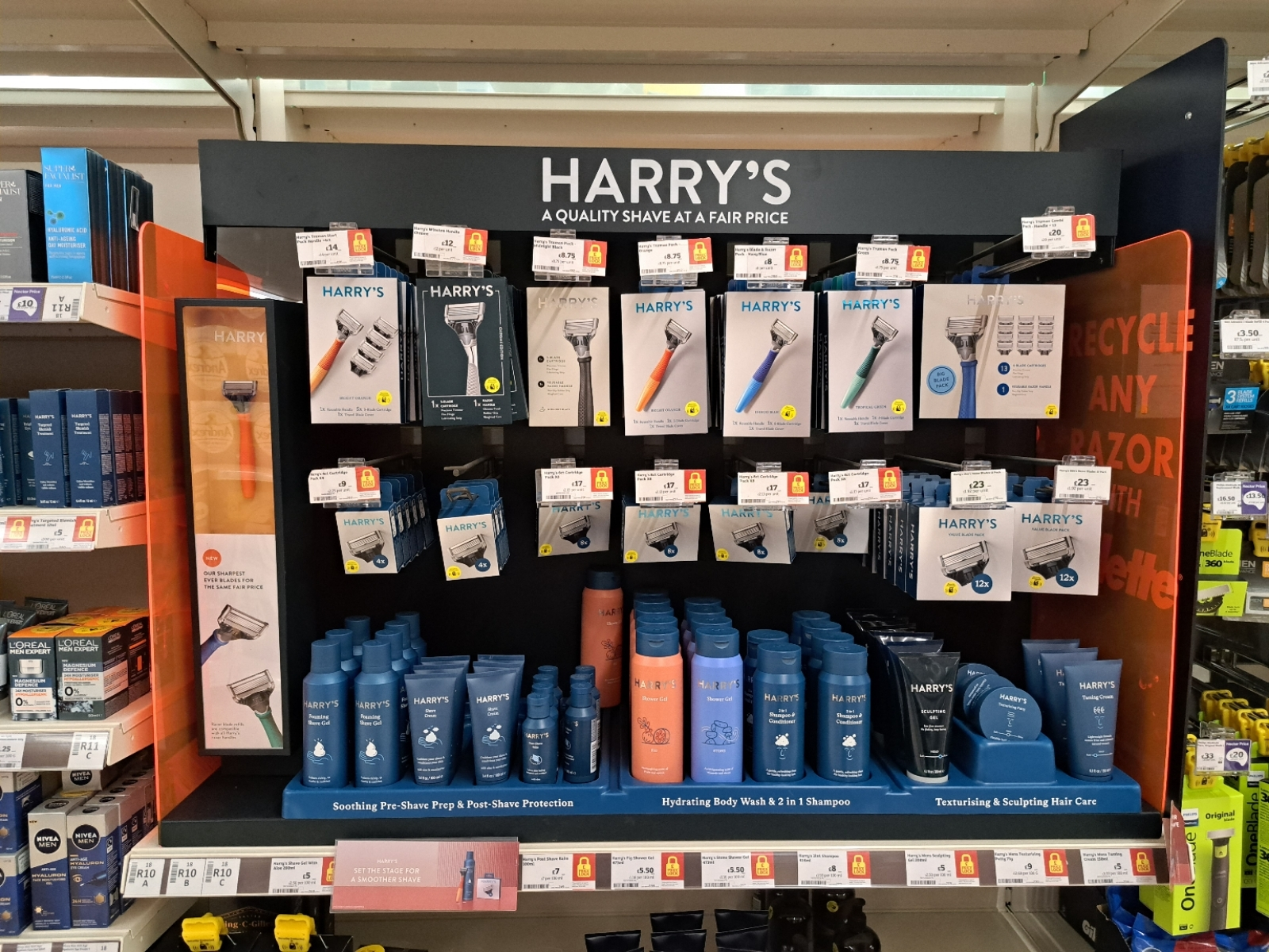 HARRY'S POS design and installation by Retail Profiling, a field marketing agency in the UK and Europe.